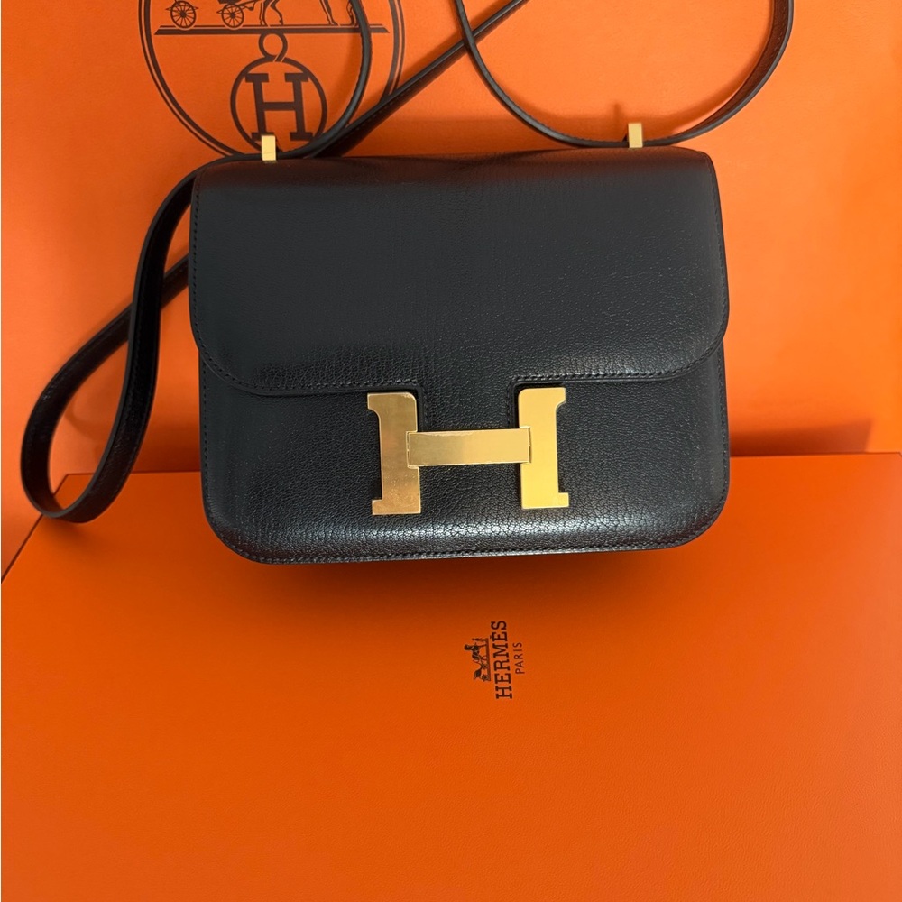 Constance Mini Box Leather Shoulder Bag in Black with Gold H